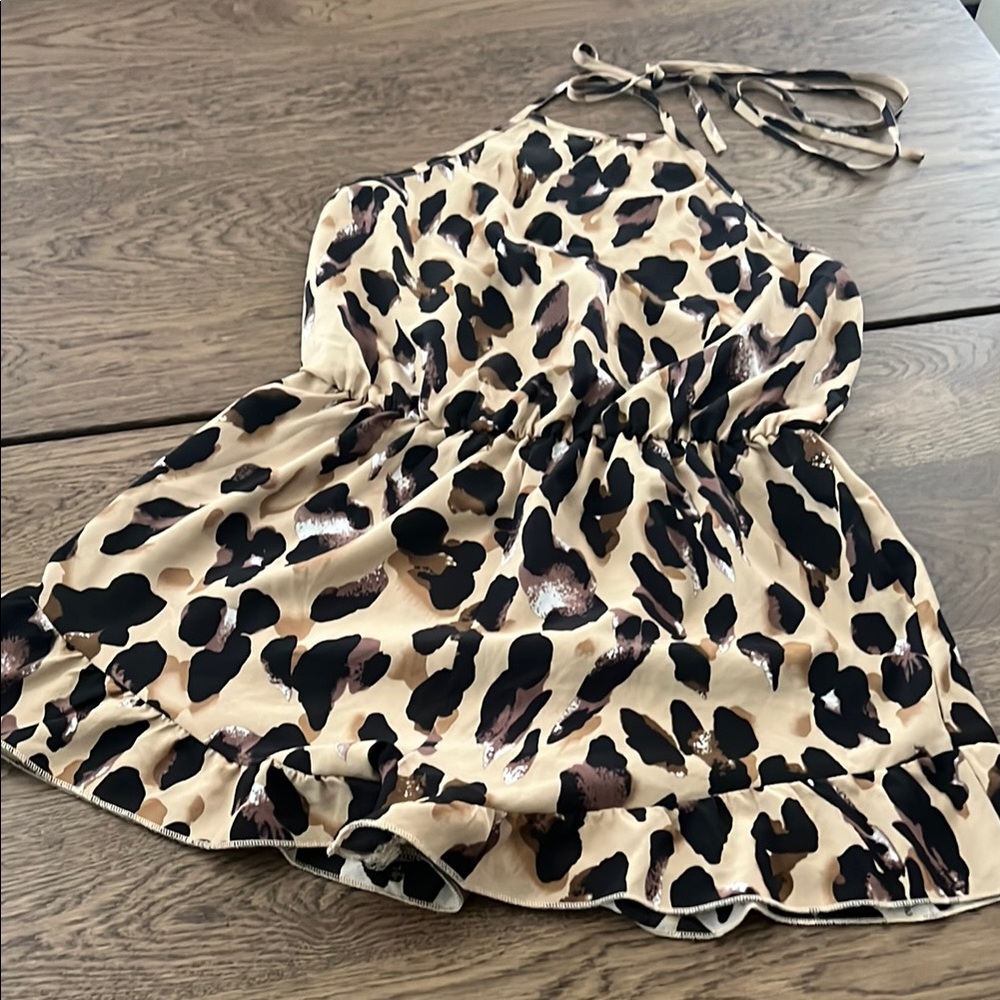 SHEIN Animal Print Halter Romper - Black and Cream